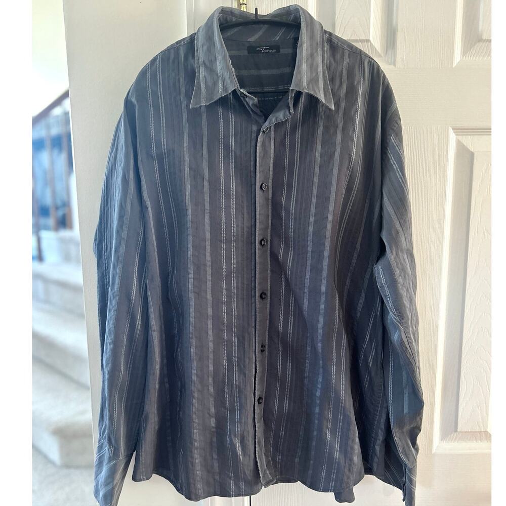 Vintage Y2K Grey Pin Stripe Floral Embroidered Button Down Long Sleeve Shirt